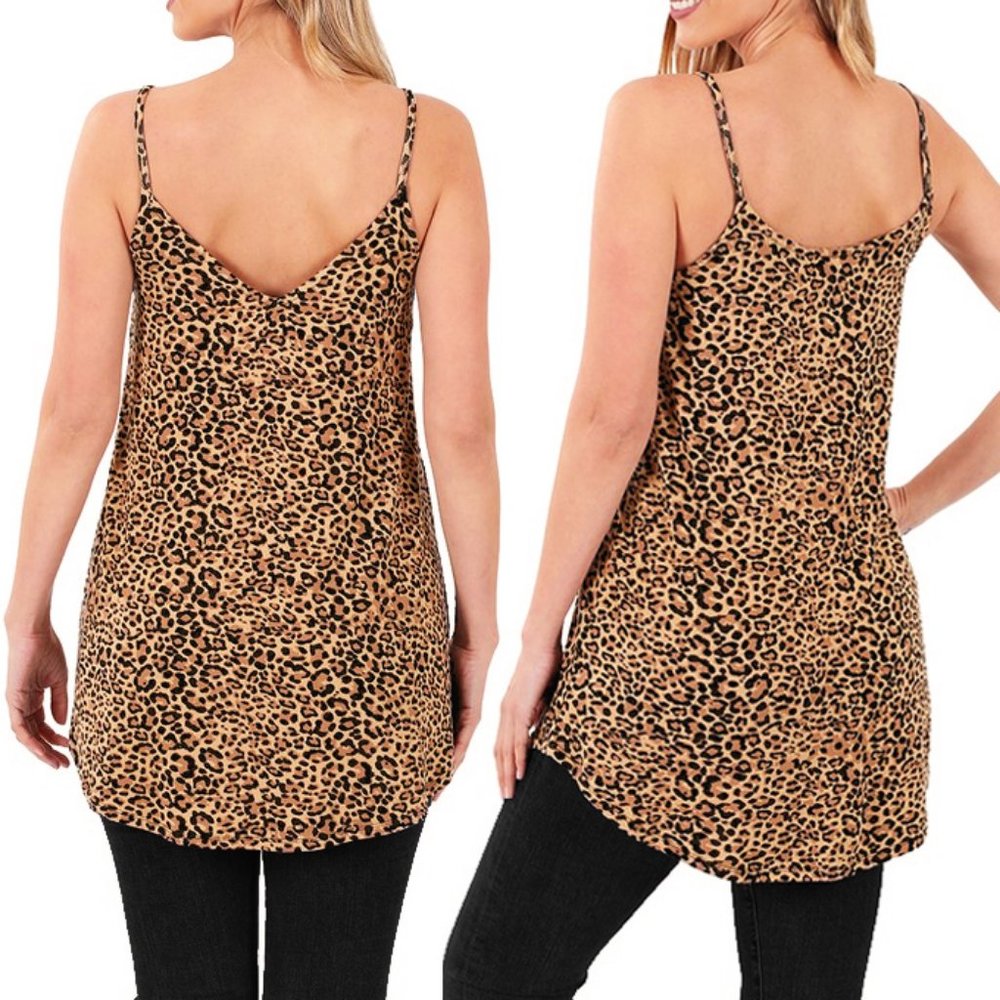 Leopard V Neck Scoop Reversible Long Tunic Cami - Picture 2 of 8